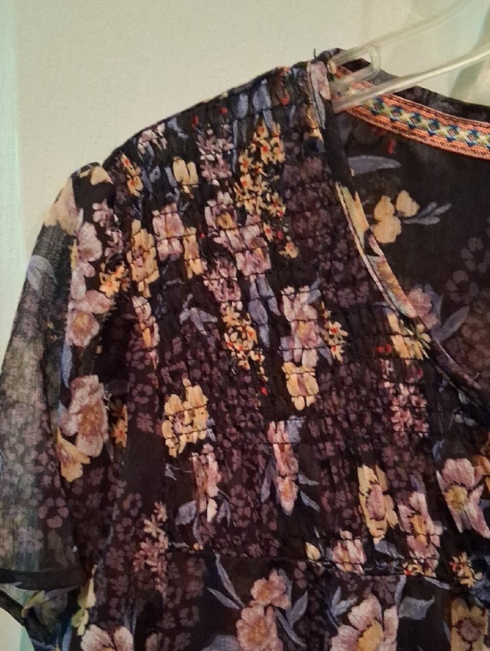Knox Rose Black Floral Smocked Short Sleeve Blouse with Yellow Trim - Picture 3 of 11